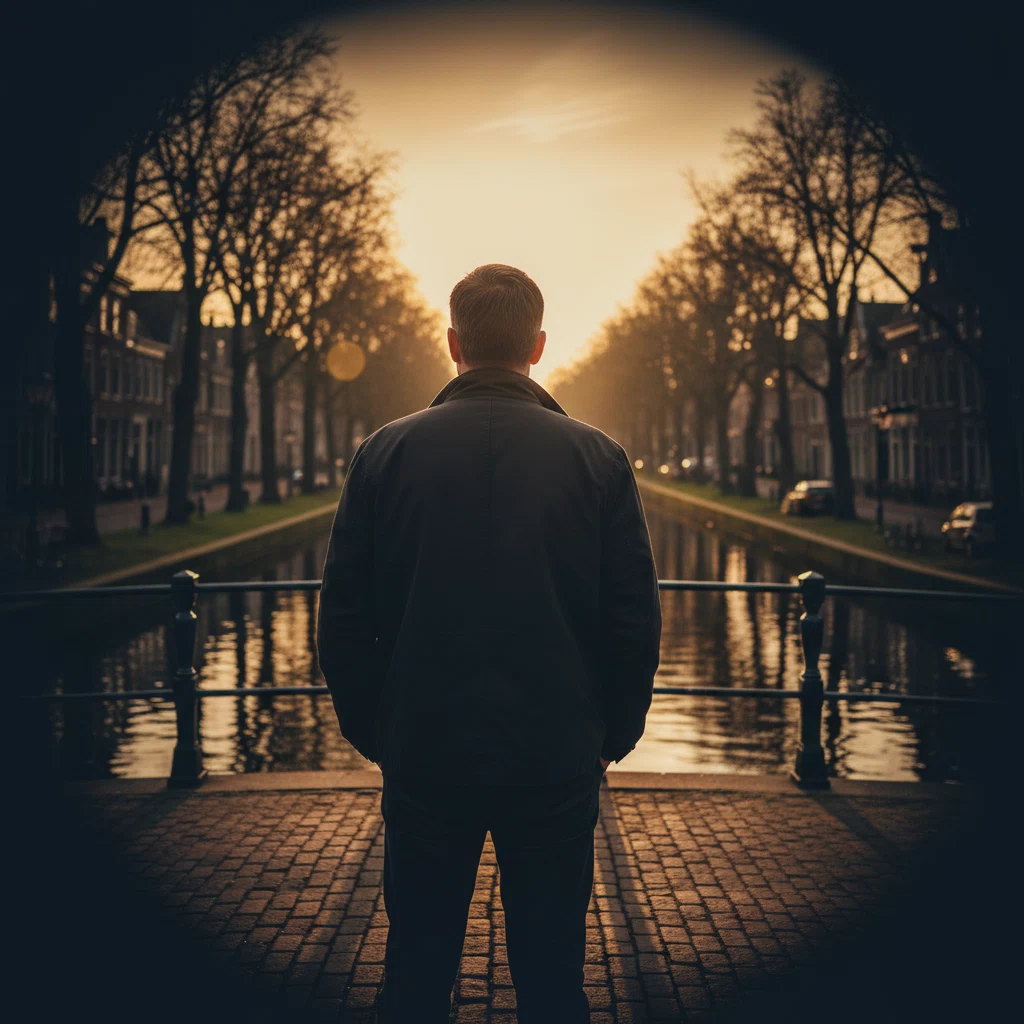 Anonieme man van achteren kijkend over een rustige Nederlandse gracht bij gouden uur